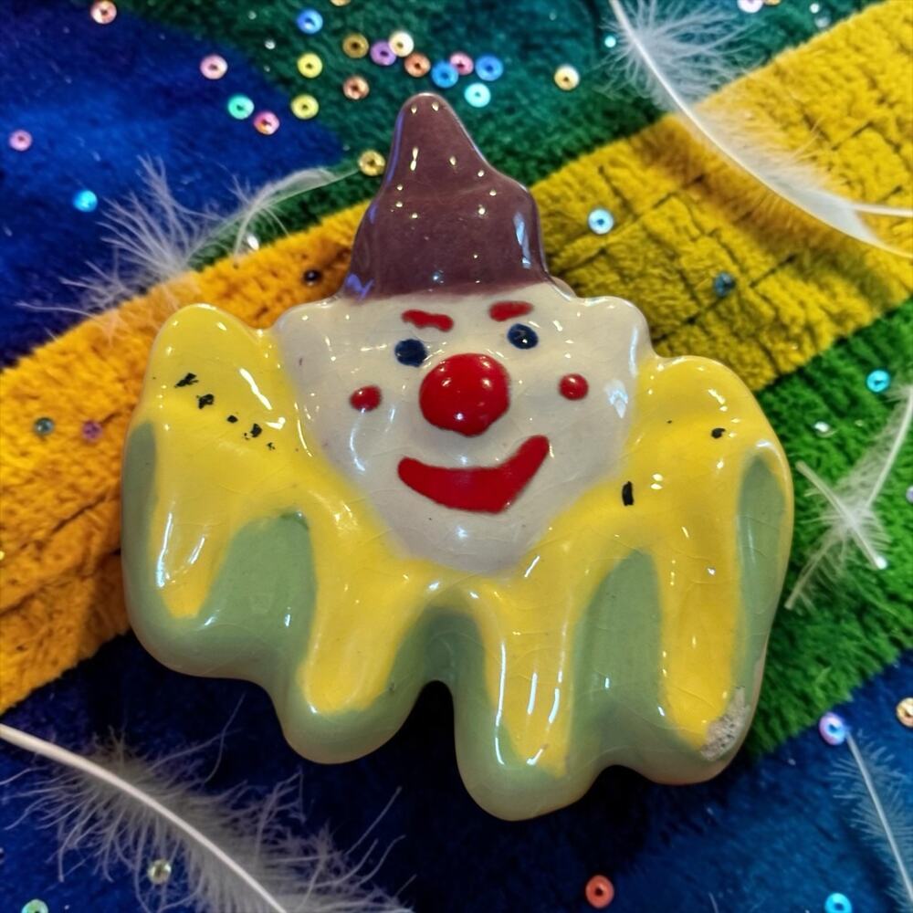 Vintage Ceramic Clown Brooch Big Yellow Ruffle Whimsical Circus Kitsch Pin